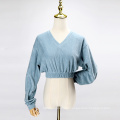 Long Sleeve V-Neck Stretch Towel Knit Top